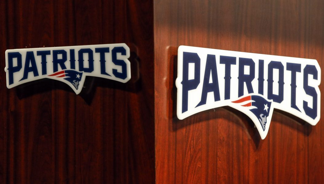 Sep 11, 2019; Foxborough, MA, USA; New England Patriot logos on the podium during the press conference before practice at Gillette Stadium. Mandatory Credit: Greg M. Cooper-USA TODAY Sports