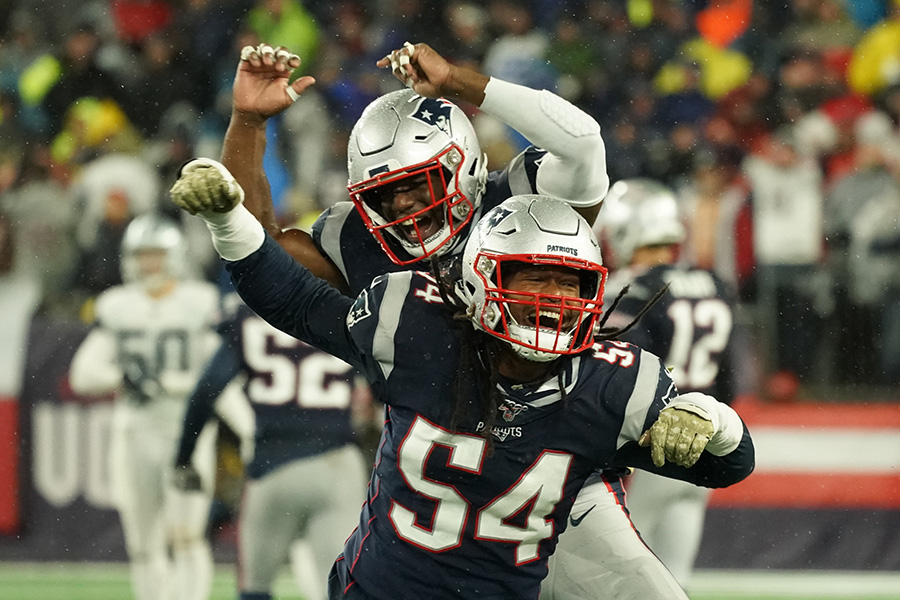 Nov 24, 2019; Foxborough, MA, USA; New England Patriots outside linebacker Dont'a Hightower (54) and cornerback Jonathan Jones (31) react after a missed first down by the Dallas Cowboys in the second half at Gillette Stadium. Patriots defeated the Cowboys 13-9. Mandatory Credit: David Butler II-USA TODAY Sports