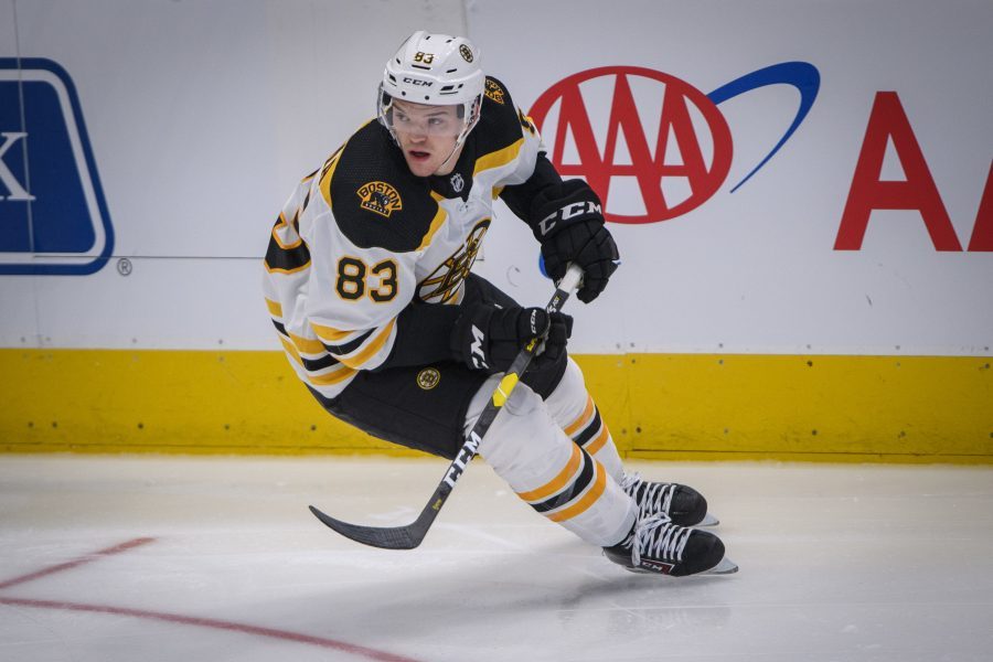 Oct 3, 2019; Dallas, TX, USA; Boston Bruins center Karson Kuhlman (83) in action during the game between the Stars and the Bruins at the American Airlines Center. Mandatory Credit: Jerome Miron-USA TODAY Sports