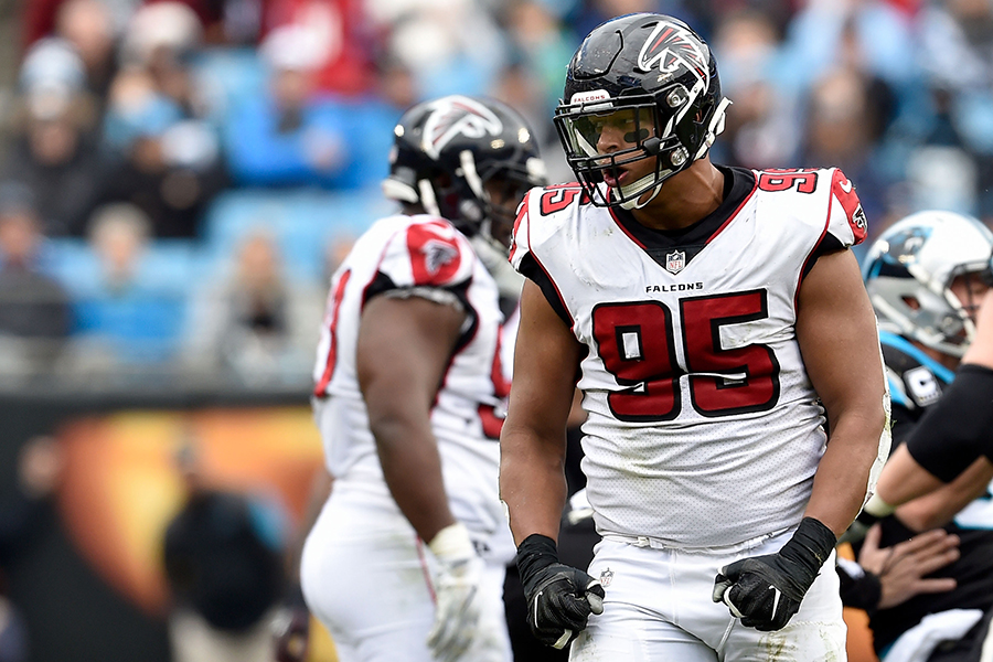 CHARLOTTE, NORTH CAROLINA - DECEMBER 23: Jack Crawford #95 of the Atlanta Falcons reacts against the Carolina Panthers in the second quarter during their game at Bank of America Stadium on December 23, 2018 in Charlotte, North Carolina. (Photo by Grant Halverson/Getty Images)