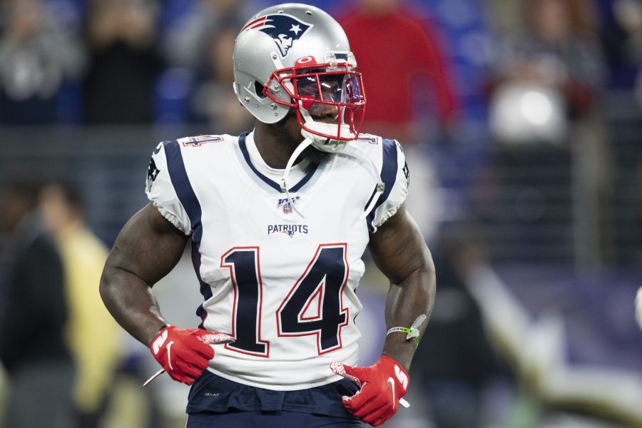 Nov 3, 2019; Baltimore, MD, USA; New England Patriots wide receiver Mohamed Sanu (14) runs prior to the game against the Baltimore Ravens at M&T Bank Stadium. Mandatory Credit: Tommy Gilligan-USA TODAY Sports