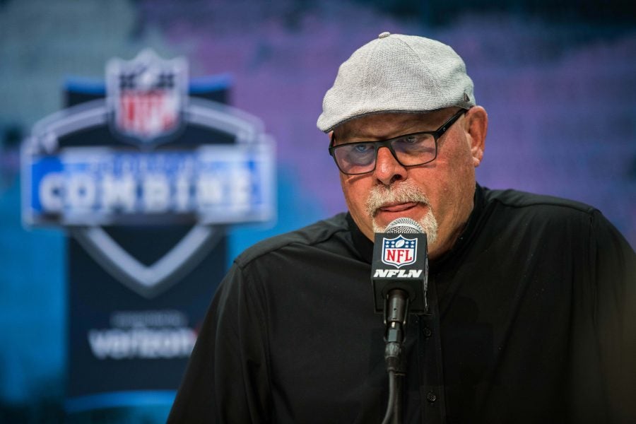 Feb 25, 2020; Indianapolis, Indiana, USA; Tampa Bay Buccaneers head coach Bruce Arians speaks to the media during the 2020 NFL Combine in the Indianapolis Convention Center. Mandatory Credit: Trevor Ruszkowski-USA TODAY Sports