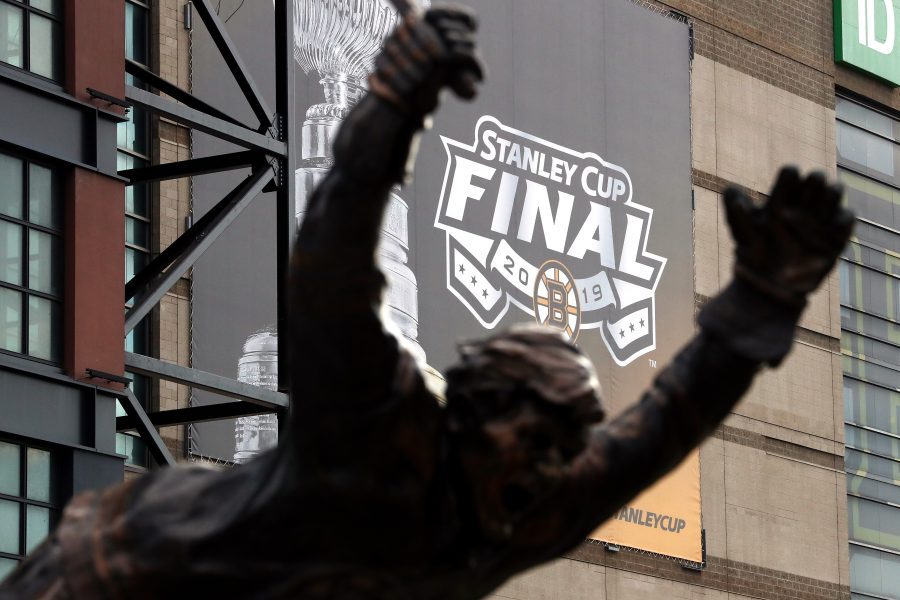 BOSTON, MASSACHUSETTS - MAY 27: The 2019 NHL Stanley Cup Final logo is seen through the Bobby Orr statue prior to Game One between the St. Louis Blues and the Boston Bruins at TD Garden on May 27, 2019 in Boston, Massachusetts. (Photo by Adam Glanzman/Getty Images)