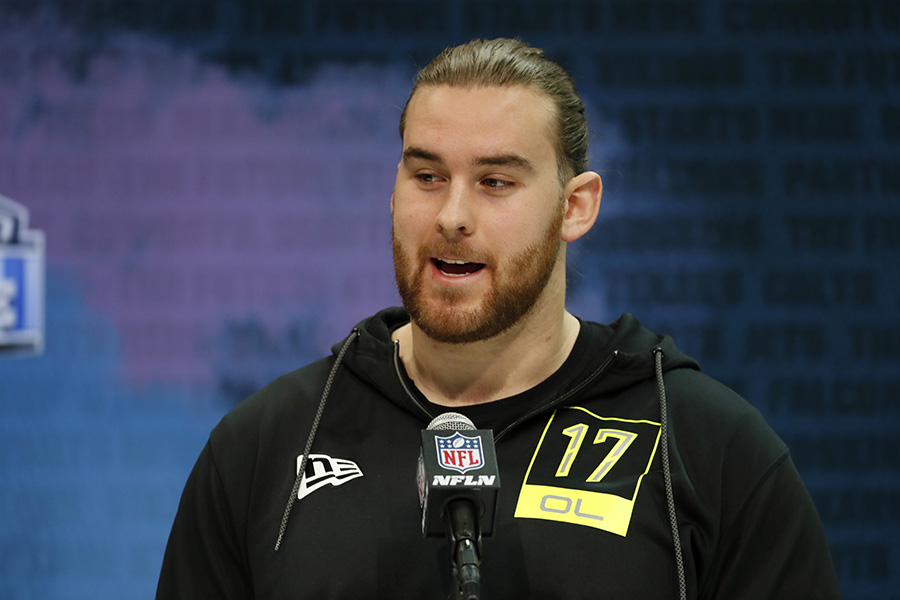 Feb 26, 2020; Indianapolis, Indiana, USA; Oregon Ducks offensive lineman Jake Hanson (OL17) speaks to the media during the 2020 NFL Combine at the Indiana Convention Center. Mandatory Credit: Brian Spurlock-USA TODAY Sports