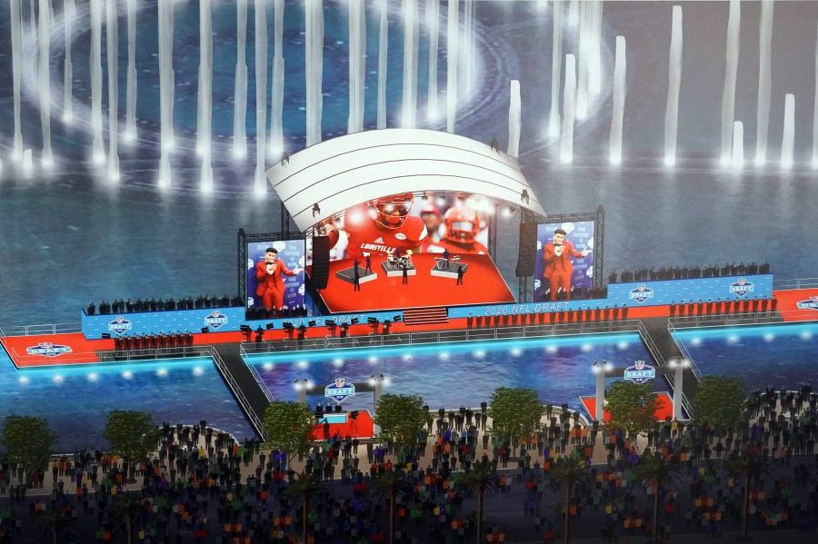 Jan 30, 2020; Miami, Florida, USA; Artist rendering of the 2020 NFL Draft stage in Las Vegas on the lake in front of the Bellagio hotel with boats ferrying players and VIPs to the action on display at he Super Bowl LIV Experience at the Miami Beach Convention Center. Mandatory Credit: Kirby Lee-USA TODAY Sports