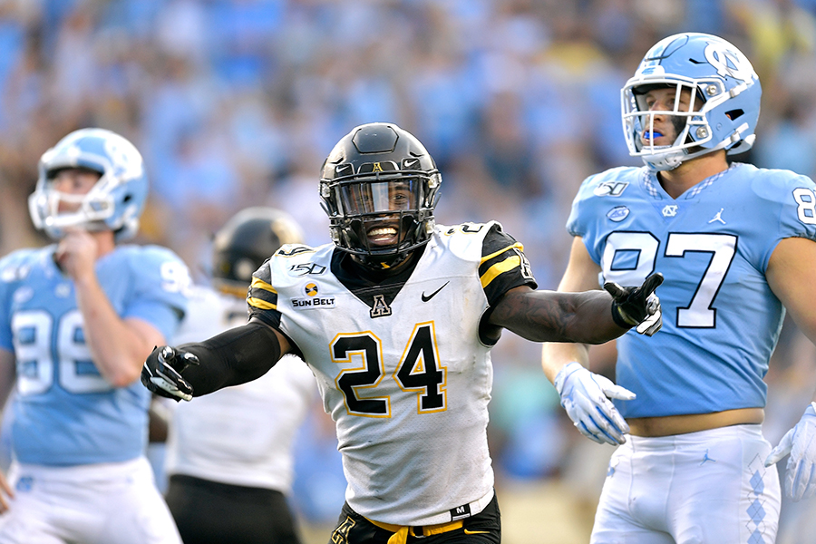 CHAPEL HILL, NORTH CAROLINA - SEPTEMBER 21: Akeem Davis-Gaither #24 of the Appalachian State Mountaineers reacts to a missed field goal by Noah Ruggles #97 of the North Carolina Tar Heels as time expires in their game at Kenan Stadium on September 21, 2019 in Chapel Hill, North Carolina. The Mountaineers won 34-31. (Photo by Grant Halverson/Getty Images)