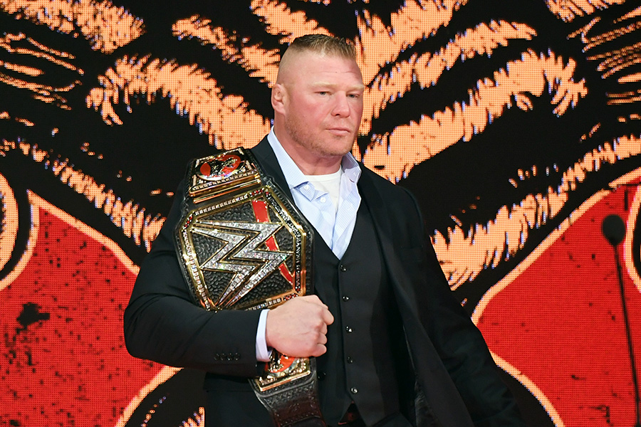 LAS VEGAS, NEVADA - OCTOBER 11: WWE champion Brock Lesnar is introduced at a WWE news conference at T-Mobile Arena on October 11, 2019 in Las Vegas, Nevada. Lesnar will face former UFC heavyweight champion Cain Velasquez and WWE wrestler Braun Strowman will take on heavyweight boxer Tyson Fury at the WWE's Crown Jewel event at Fahd International Stadium in Riyadh, Saudi Arabia on October 31. (Photo by Ethan Miller/Getty Images)