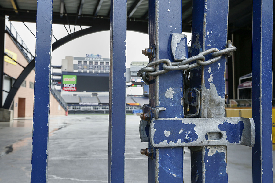 Mar 17, 2020; Foxborough, Massachusetts, USA; A detail view of the gate and lock on the north entrance to Gillette Stadium. Mandatory Credit: Greg M. Cooper-USA TODAY Sports