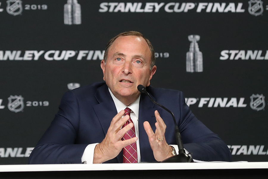 BOSTON, MASSACHUSETTS - MAY 27: Commissioner Gary Bettman of the National Hockey League speaks with the media prior to Game One of the 2019 NHL Stanley Cup Final at TD Garden on May 27, 2019 in Boston, Massachusetts. (Photo by Bruce Bennett/Getty Images)