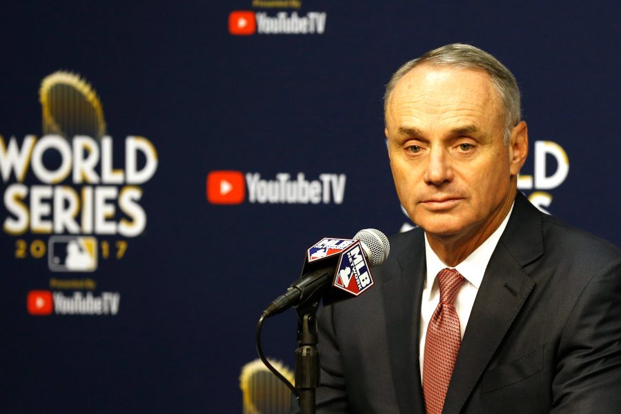 HOUSTON, TX - OCTOBER 28: Major League Baseball Commissioner Robert D. Manfred Jr. speaks to the media during a press conference prior to game four of the 2017 World Series between the Houston Astros and the Los Angeles Dodgers at Minute Maid Park on October 28, 2017 in Houston, Texas. (Photo by Bob Levey/Getty Images)
