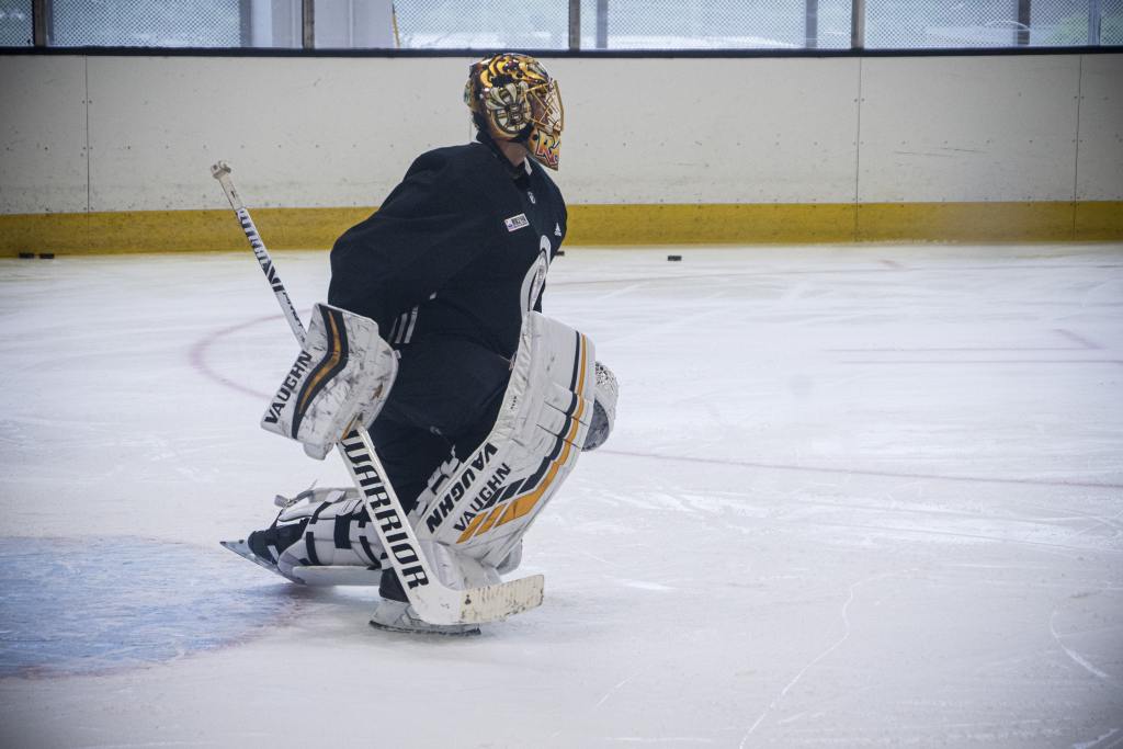 Tuukka Rask of the Boston Bruins practices at Warrior Ice Arena on July 6, 2020. (Credit: Boston Bruins)