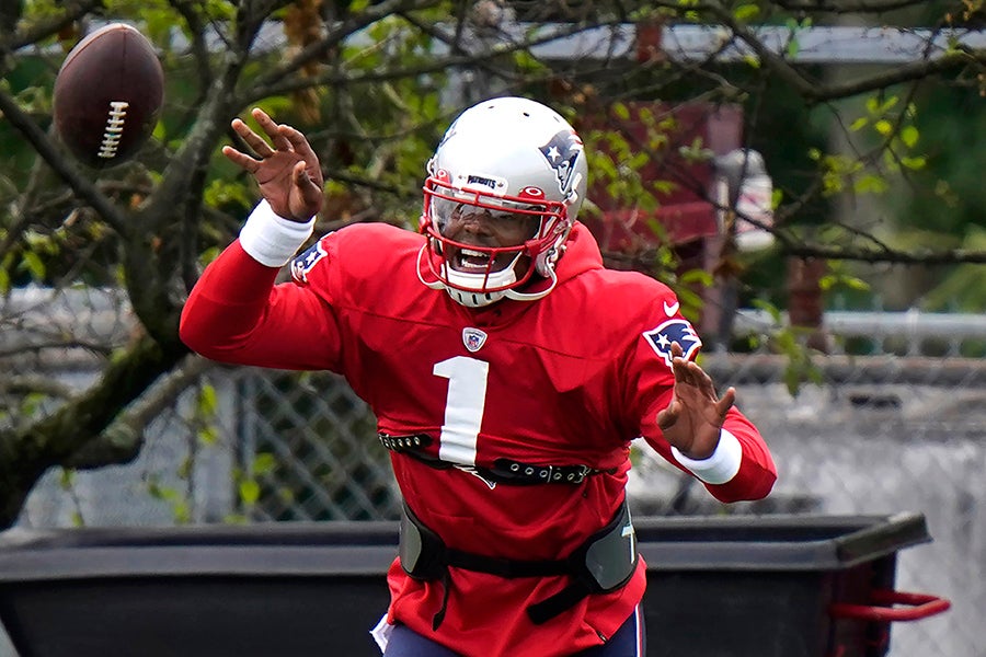 FOXBOROUGH, MASSACHUSETTS - AUGUST 17: Cam Newton #1 of the New England Patriots reacts during training camp at Gillette Stadium on August 17, 2020 in Foxborough, Massachusetts. (Photo by Steven Senne-Pool/Getty Images)