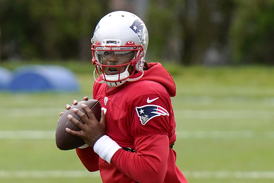 FOXBOROUGH, MASSACHUSETTS - AUGUST 17: Cam Newton #1 of the New England Patriots looks to pass during training camp at Gillette Stadium on August 17, 2020 in Foxborough, Massachusetts. (Photo by Steven Senne-Pool/Getty Images)