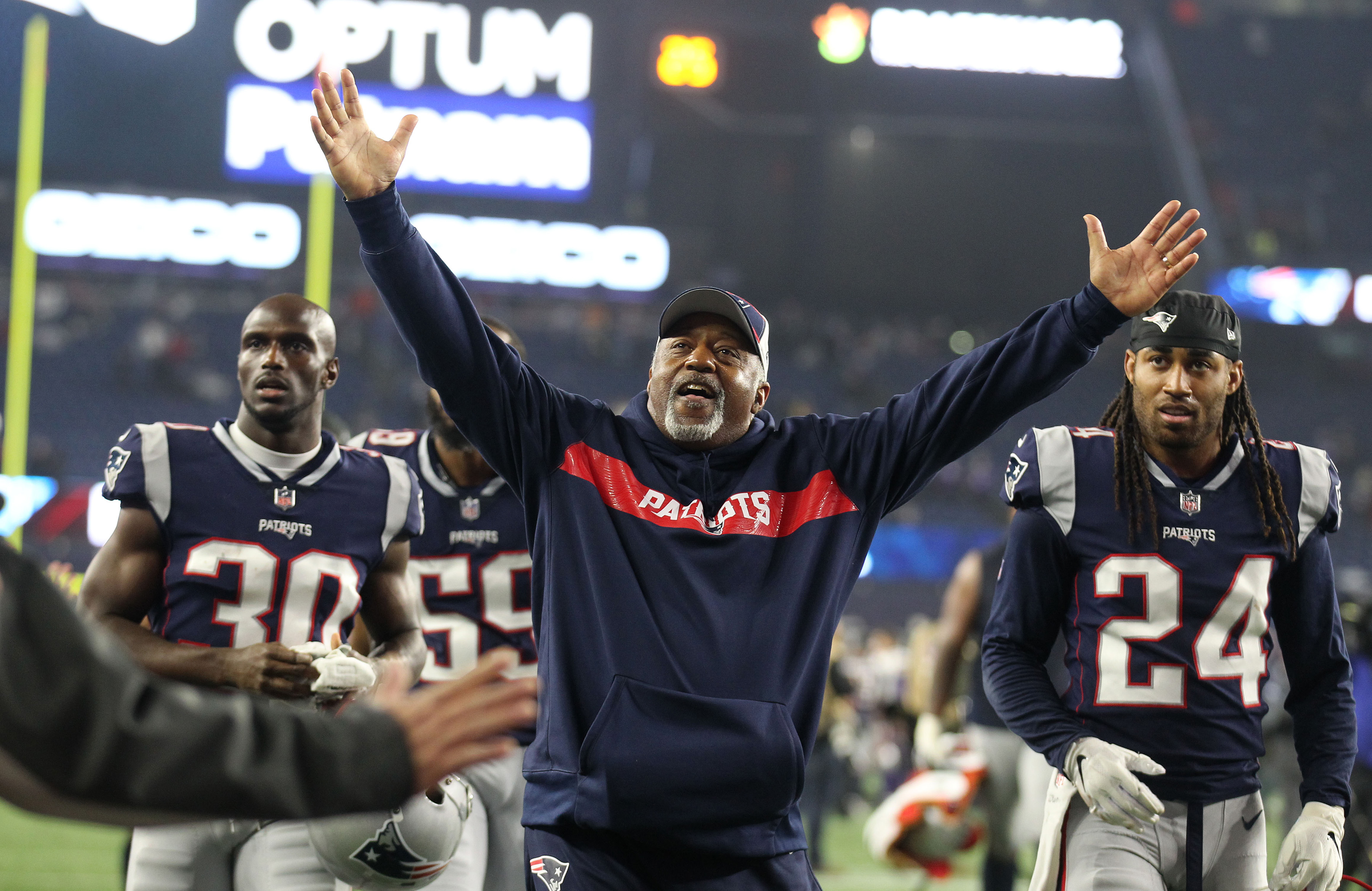 Dec 2, 2018; Foxborough, MA, USA; New England Patriots running backs coach Ivan Fears celebrates a win over the Minnesota Vikings at Gillette Stadium. Mandatory Credit: Stew Milne-USA TODAY Sports