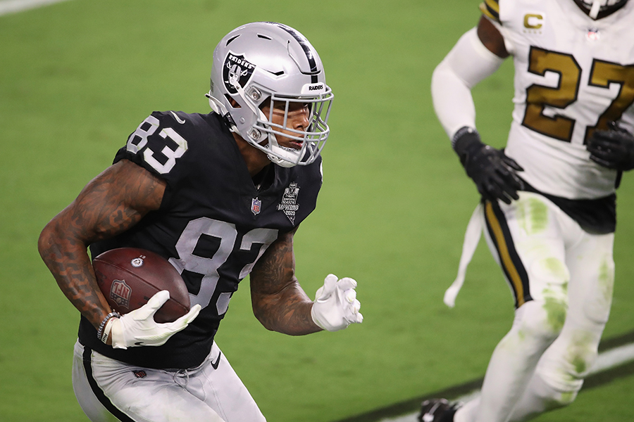 Raiders tight end Darren Waller is a tough matchup for any defense, and will be key to their success against the Patriots on Sunday. (Photo by Christian Petersen/Getty Images)