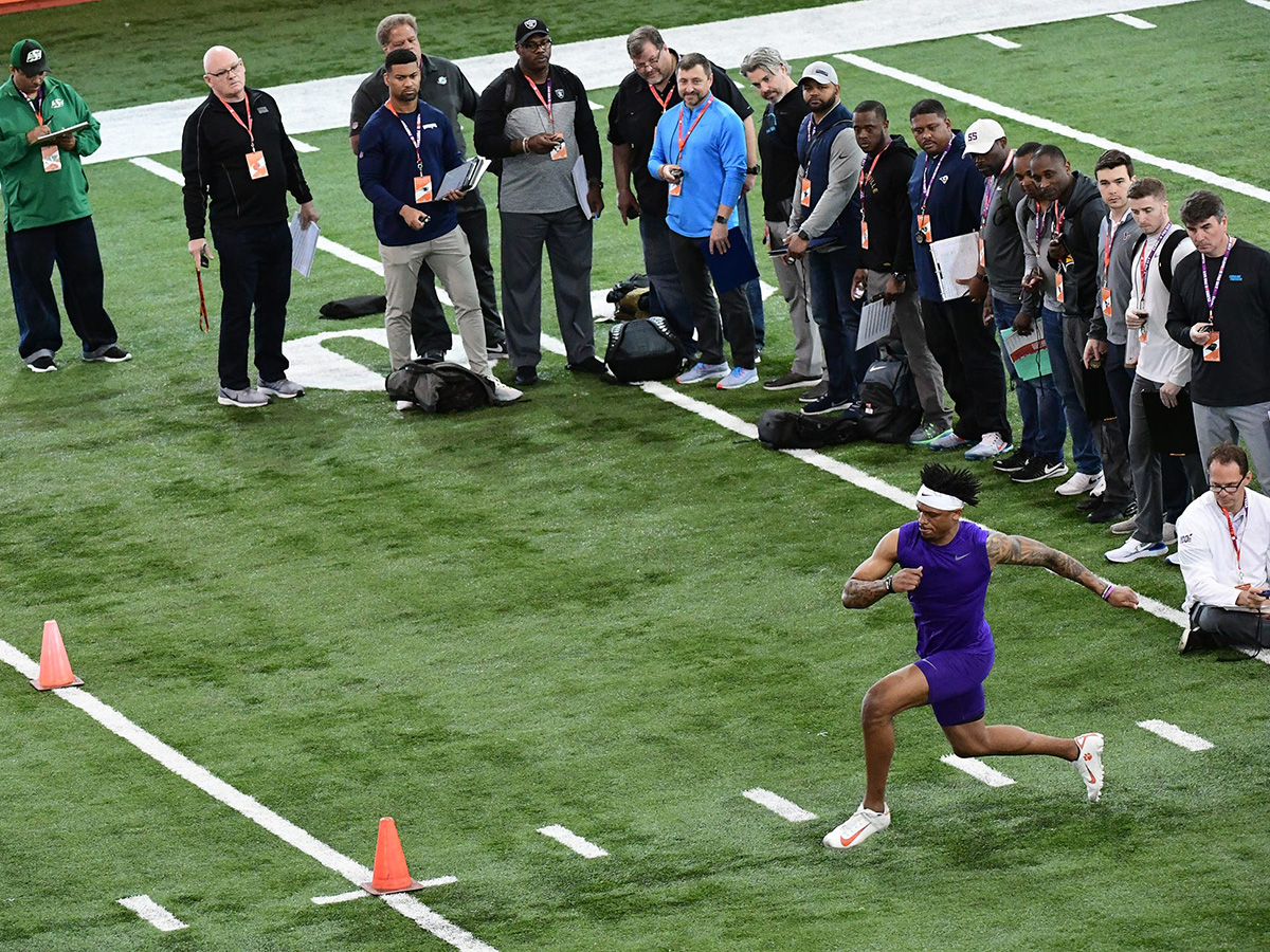 Wide receiver Diondre Overton runs the three-cone drill during Clemson's 2020 Pro Day. (Clemson/NFL)