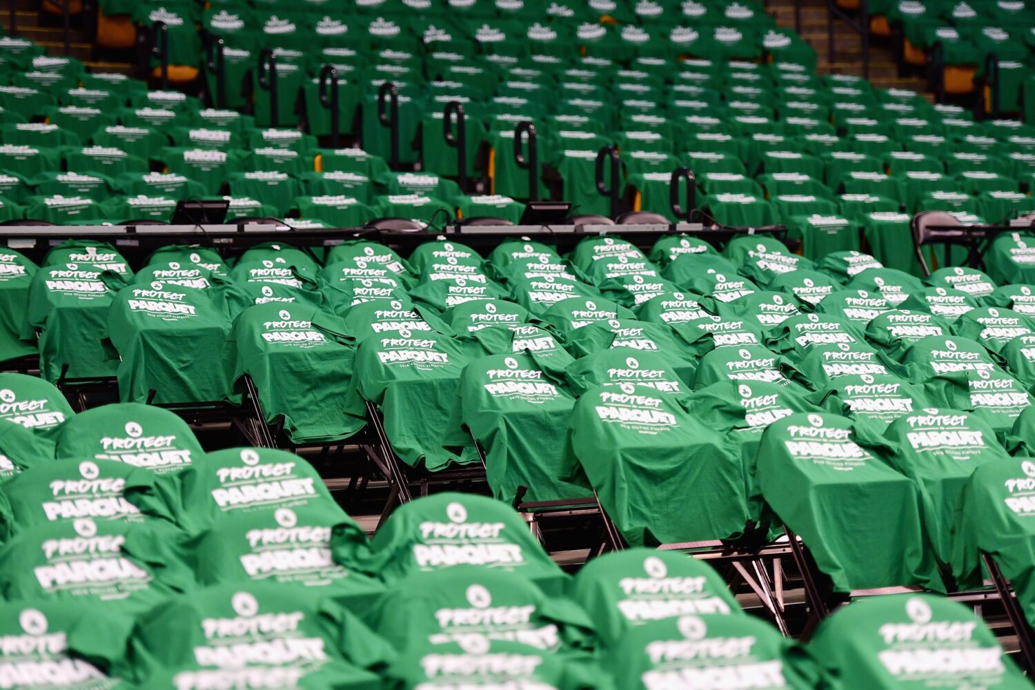 BOSTON, MA - MAY 23:  T-shirts are seen draped on seats prior to Game Five of the 2018 NBA Eastern Conference Finals between the Cleveland Cavaliers and the Boston Celtics at TD Garden on May 23, 2018 in Boston, Massachusetts. NOTE TO USER: User expressly acknowledges and agrees that, by downloading and or using this photograph, User is consenting to the terms and conditions of the Getty Images License Agreement.  (Photo by Adam Glanzman/Getty Images)