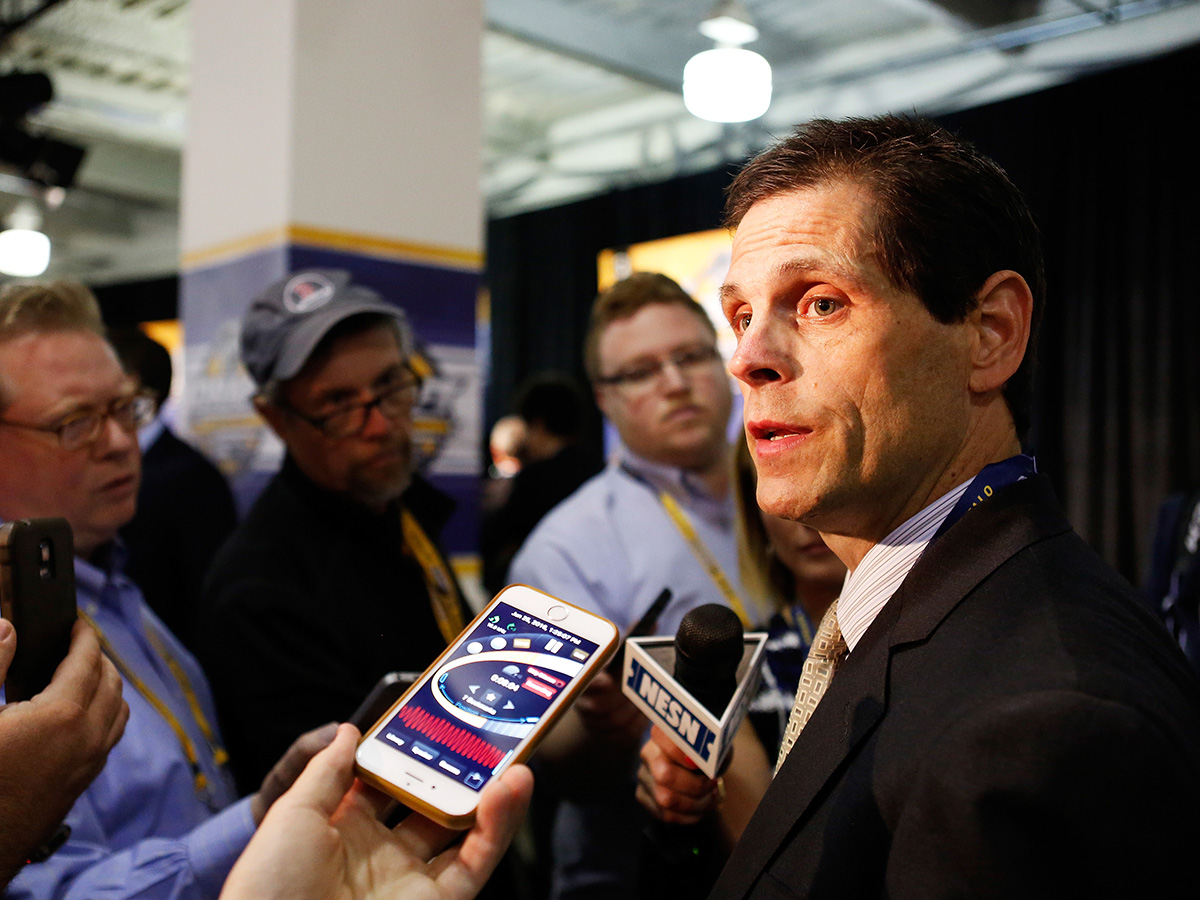 BUFFALO, NY - JUNE 25: Boston Bruins General manager Don Sweeney speaks to the media during the 2016 NHL Draft on June 25, 2016 in Buffalo, New York. (Photo by Jen Fuller/Getty Images)