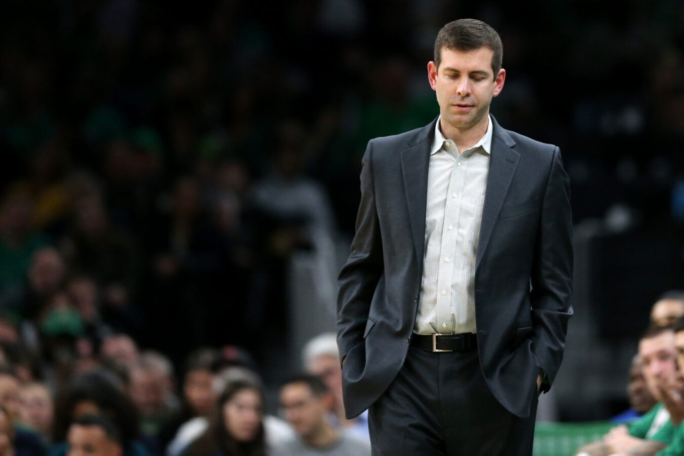 BOSTON, MASSACHUSETTS - JANUARY 15: Head Coach Brad Stevens of the Boston Celtics looks on during the game against the Detroit Pistons at TD Garden on January 15, 2020 in Boston, Massachusetts. (Photo by Maddie Meyer/Getty Images)