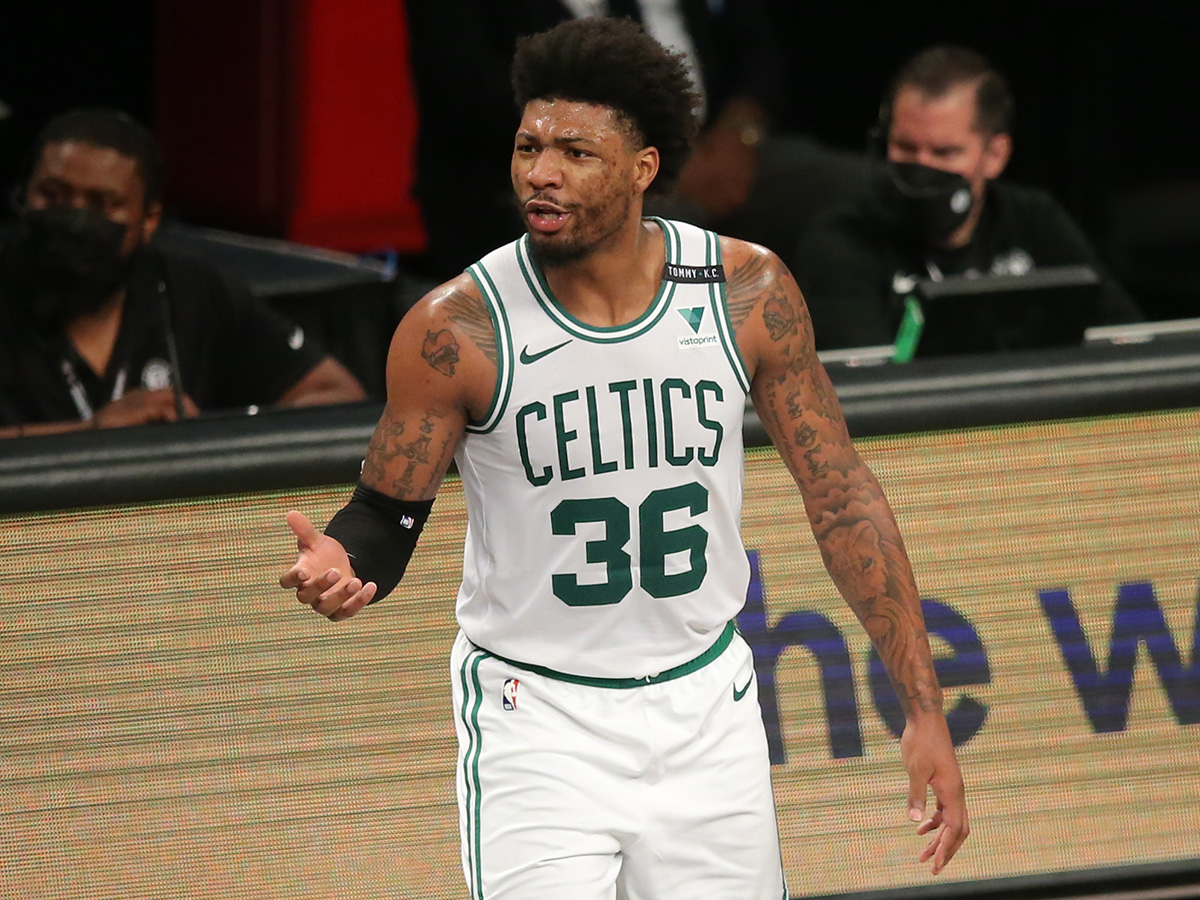 Jun 1, 2021; Brooklyn, New York, USA; Boston Celtics point guard Marcus Smart (36) reacts after being called for a foul during the second quarter of game five of the first round of the 2021 NBA Playoffs against the Brooklyn Nets at Barclays Center. Mandatory Credit: Brad Penner-USA TODAY Sports