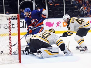 UNIONDALE, NEW YORK - JUNE 09: Kyle Palmieri #21 of the New York Islanders scores at 16:07 of the second period against Tuukka Rask #40 of the Boston Bruins in Game Six of the Second Round of the 2021 NHL Stanley Cup Playoffs at the Nassau Coliseum on June 09, 2021 in Uniondale, New York. (Photo by Bruce Bennett/Getty Images)