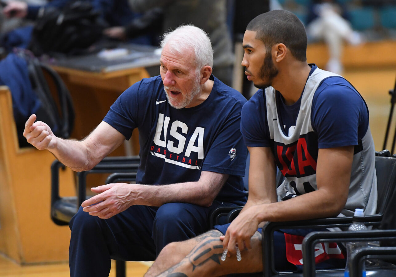 MELBOURNE, AUSTRALIA - AUGUST 19: Gregg Popovich the Head Coach of the USA National Team speaks to Jayson Tatum during the United States of America Team USA National basketball team training session at Melbourne Sports and Aquatic Centre on August 19, 2019 in Melbourne, Australia. (Photo by Quinn Rooney/Getty Images)