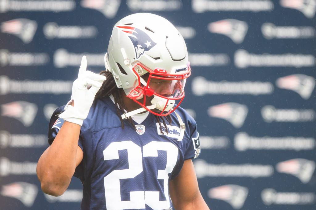 FOXBOROUGH, MA - JULY 28, 2021: Kyle Dugger #23 of the New England Patriots walks onto the field during training camp at Gillette Stadium on July 28, 2021 in Foxborough, Massachusetts. (Photo by Kathryn Riley/Getty Images)