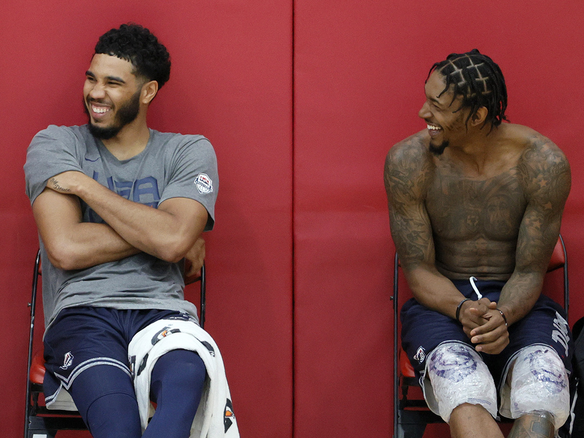 LAS VEGAS, NEVADA - JULY 07: Jayson Tatum (L) #10 and Bradley Beal #4 of the 2021 USA Basketball Men's National Team laugh after a practice at the Mendenhall Center at UNLV as the team gets ready for the Tokyo Olympics on July 7, 2021 in Las Vegas, Nevada. (Photo by Ethan Miller/Getty Images)