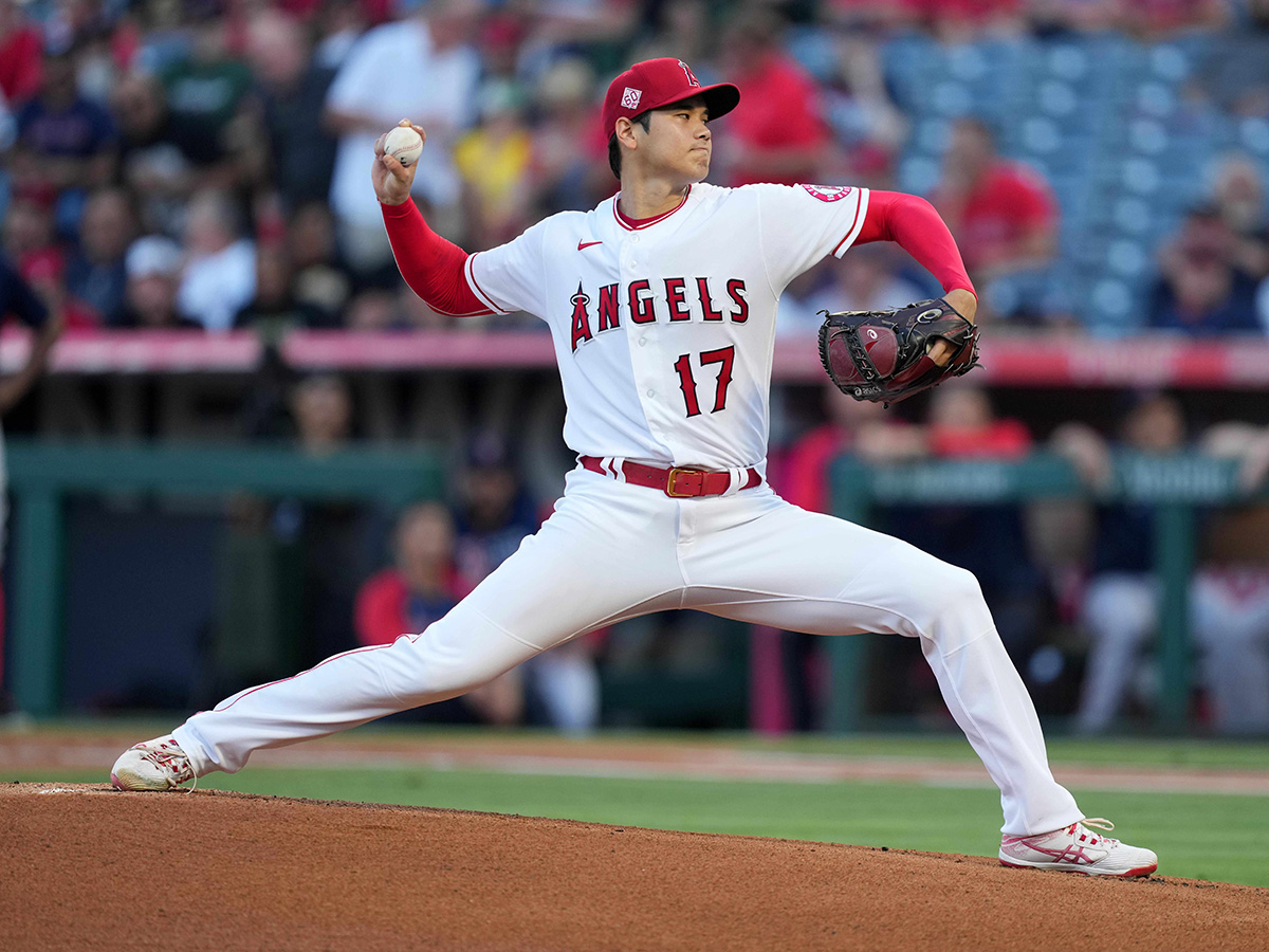 Jul 6, 2021; Anaheim, California, USA; Los Angeles Angels starting pitcher Shohei Ohtani (17) delivers a pitch in the first inning at bat at Angel Stadium. Mandatory Credit: Kirby Lee-USA TODAY Sports