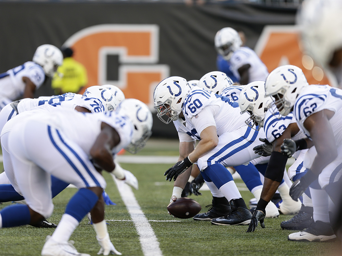 CINCINNATI, OHIO - AUGUST 29: Jake Eldrenkamp #60 of the Indianapolis Colts runs drills on the field before facing the Cincinnati Bengals in a preseason game at Paul Brown Stadium on August 29, 2019 in Cincinnati, Ohio. (Photo by Silas Walker/Getty Images) (Photo by Silas Walker/Getty Images)