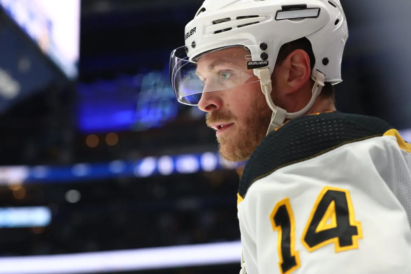 Mar 3, 2020; Tampa, Florida, USA; Boston Bruins right wing Chris Wagner (14) works out prior to the game against the Tampa Bay Lightning at Amalie Arena. Mandatory Credit: Kim Klement-USA TODAY Sports