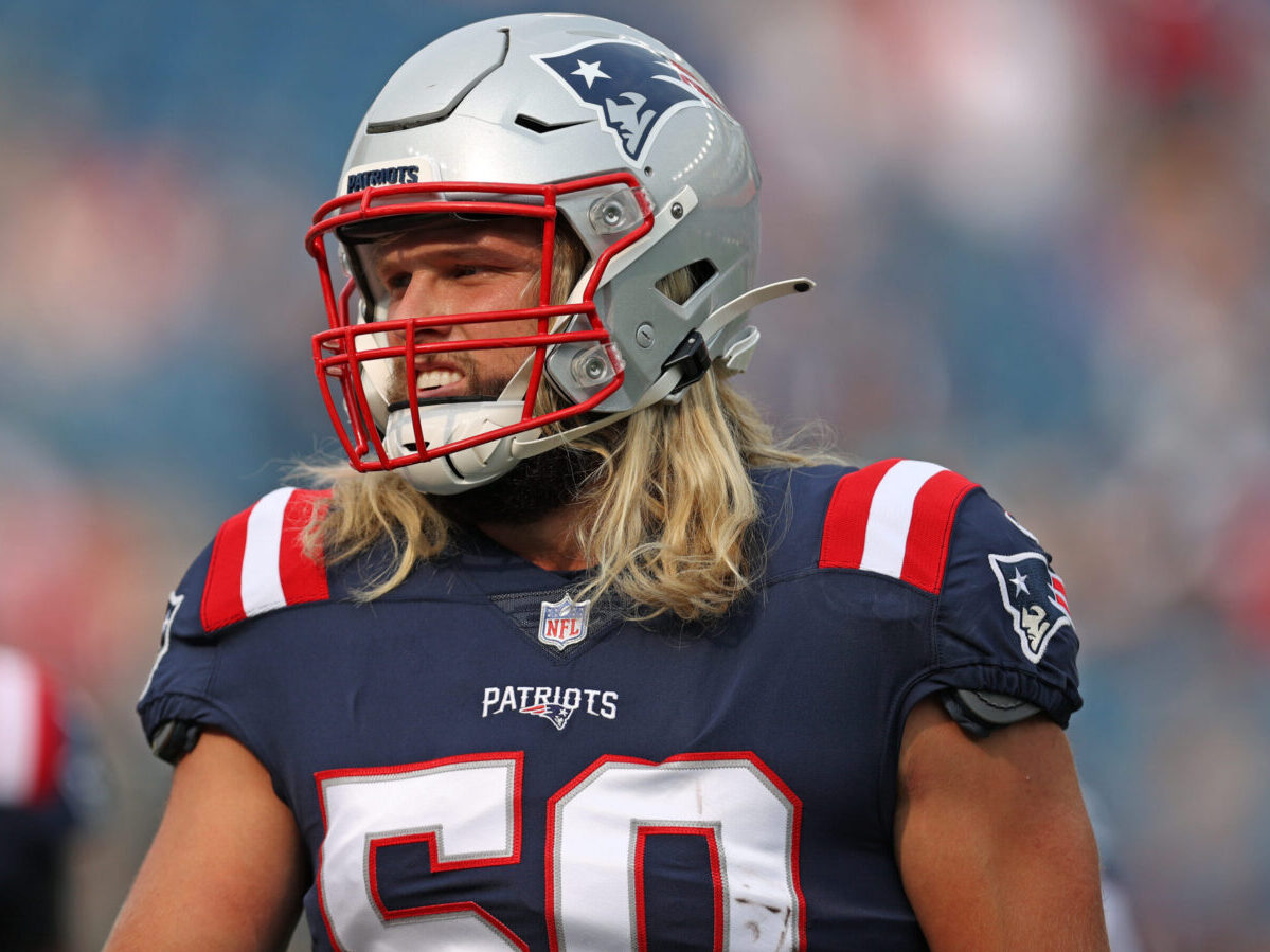 FOXBOROUGH, MASSACHUSETTS - SEPTEMBER 12: Chase Winovich #50 of the New England Patriots looks on during the game against the Miami Dolphins at Gillette Stadium on September 12, 2021 in Foxborough, Massachusetts. (Photo by Maddie Meyer/Getty Images)