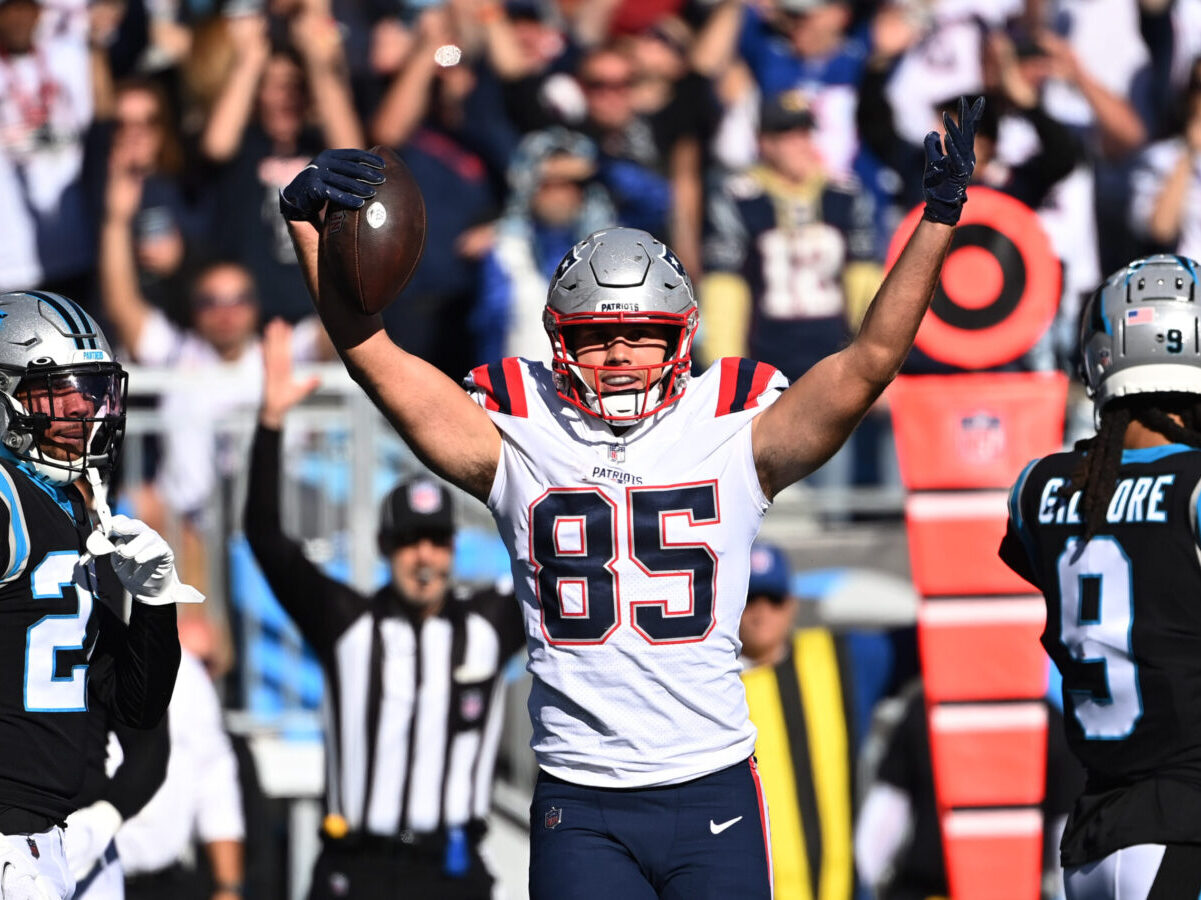 Nov 7, 2021; Charlotte, North Carolina, USA;  New England Patriots tight end Hunter Henry (85) reacts after scoring a touchdown in the second quarter at Bank of America Stadium. Mandatory Credit: Bob Donnan-USA TODAY Sports