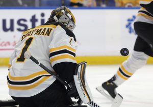 Nov 24, 2021; Buffalo, New York, USA; Boston Bruins goaltender Jeremy Swayman (1) makes a save during the second period against the Buffalo Sabres at KeyBank Center. (Timothy T. Ludwig-USA TODAY Sports)
