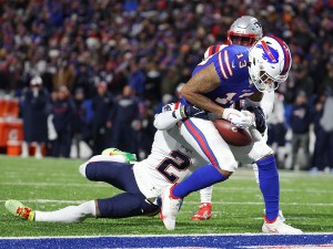 ORCHARD PARK, NEW YORK - DECEMBER 06: Gabriel Davis #13 of the Buffalo Bills catches a pass for a touchdown during the first quarter against the New England Patriots at Highmark Stadium on December 06, 2021 in Orchard Park, New York. (Photo by Timothy T Ludwig/Getty Images)
