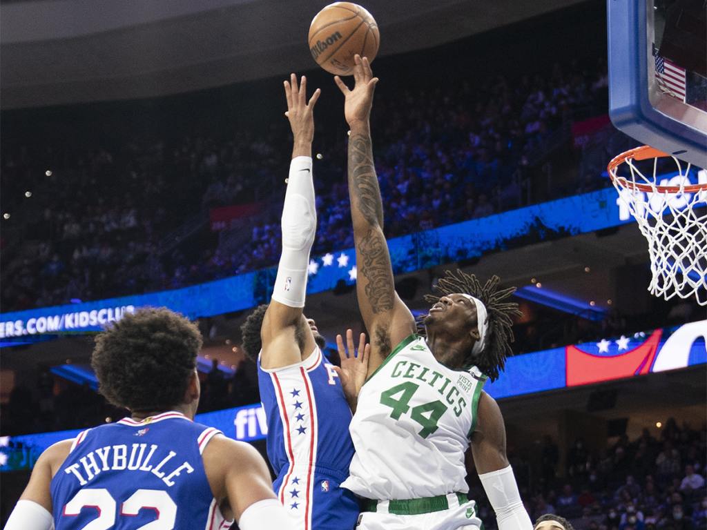 Jan 14, 2022; Philadelphia, Pennsylvania, USA; Boston Celtics center Robert Williams III (44) blocks a shot attempt by Philadelphia 76ers power forward Tobias Harris (12) during the first quarter at Wells Fargo Center. Mandatory Credit: Gregory Fisher-USA TODAY Sports