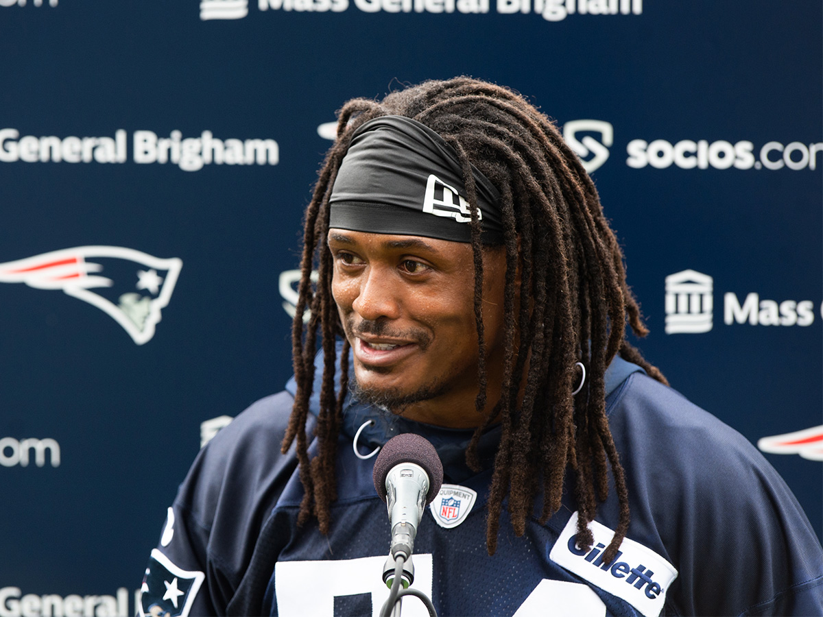FOXBOROUGH, MA - JULY 28, 2021: Donta Hightower #54 of the New England Patriots gives a post practice interview following training camp at Gillette Stadium on July 28, 2021 in Foxborough, Massachusetts. (Photo by Kathryn Riley/Getty Images)