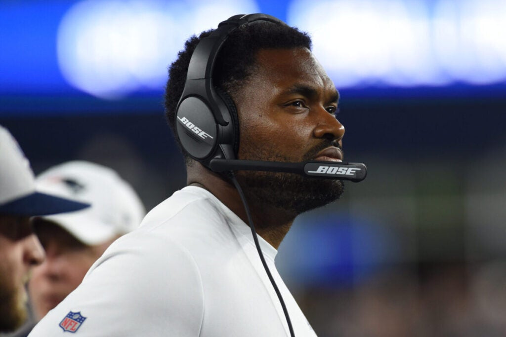 Aug 29, 2019; Foxborough, MA, USA; New England Patriots linebackers coach Jerod Mayo watches the action during the second half against the New York Giants at Gillette Stadium. Mandatory Credit: Bob DeChiara-USA TODAY Sports