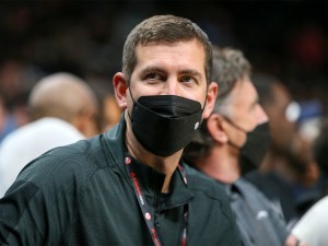 Nov 17, 2021; Atlanta, Georgia, USA; Boston Celtics president of basketball operations Brad Stevens watches a game against the Atlanta Hawks in the second half at State Farm Arena. Mandatory Credit: Brett Davis-USA TODAY Sports