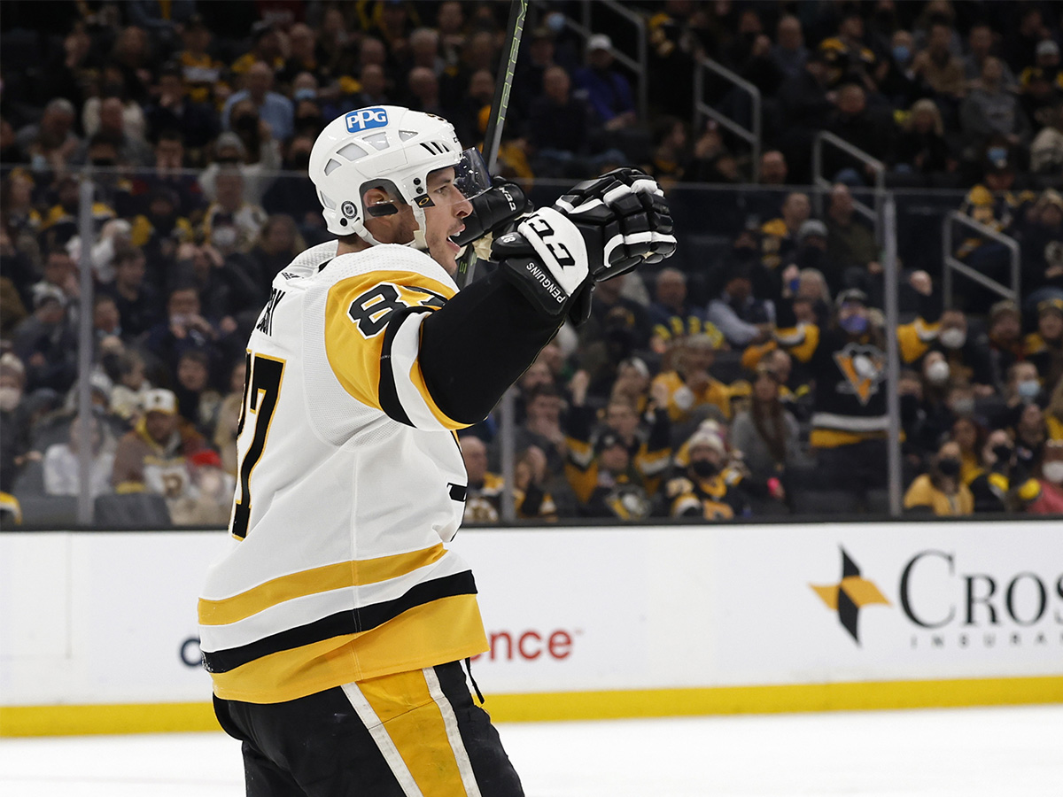 Feb 8, 2022; Boston, Massachusetts, USA; Pittsburgh Penguins center Sidney Crosby (87) celebrates his goal against the Boston Bruins during the second period at TD Garden. Mandatory Credit: Winslow Townson-USA TODAY Sports