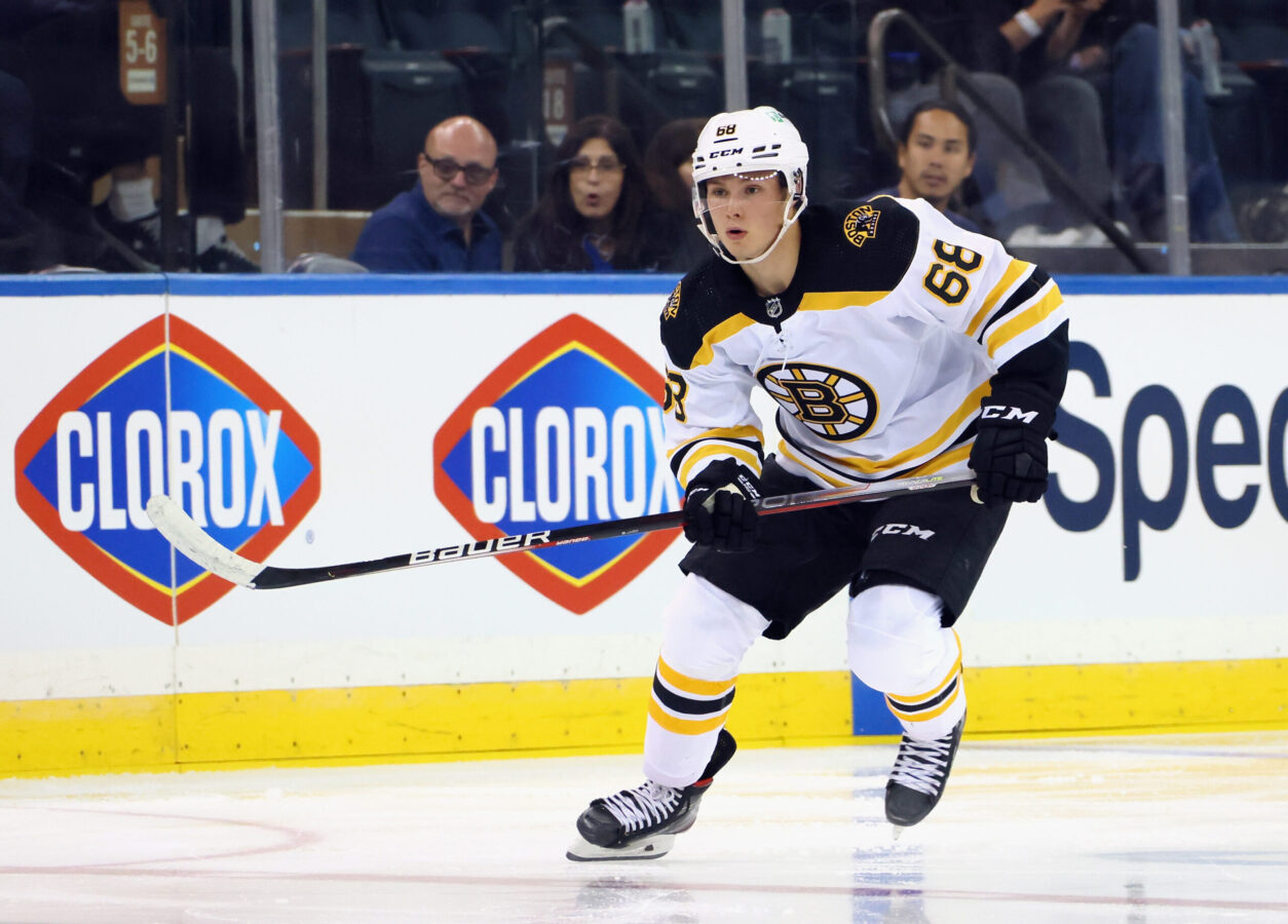 NEW YORK, NEW YORK - SEPTEMBER 28: Fabian Lysell #68 of the Boston Bruins skates against the New York Rangers at Madison Square Garden on September 28, 2021 in New York City. (Photo by Bruce Bennett/Getty Images)