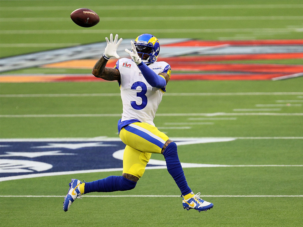 Odell Beckham Jr. #3 of the Los Angeles Rams catches the ball in the second quarter of the game against the Cincinnati Bengals during Super Bowl LVI at SoFi Stadium on February 13, 2022 in Inglewood, California. (Photo by Andy Lyons/Getty Images)