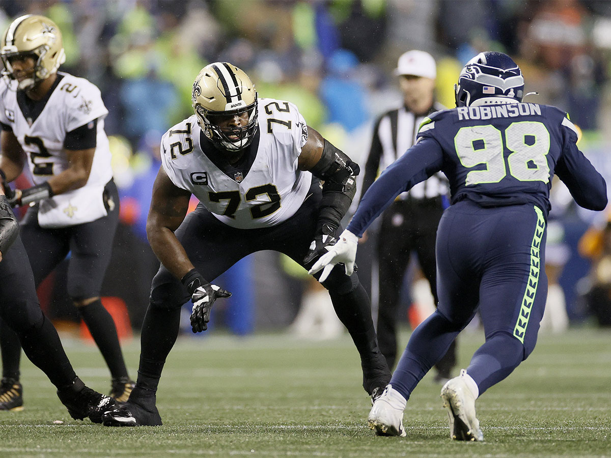 Terron Armstead #72 of the New Orleans Saints in action against the Seattle Seahawks during the fourth quarter at Lumen Field on October 25, 2021 in Seattle, Washington. (Photo by Steph Chambers/Getty Images)