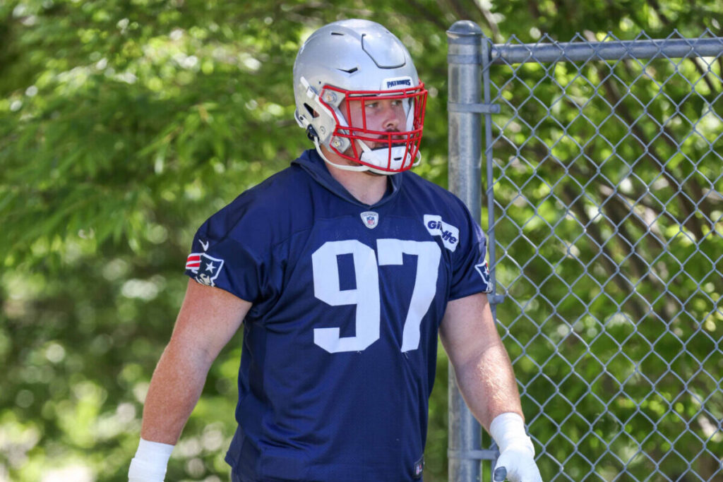 Jun 16, 2021; Foxborough, MA, USA; New England Patriots defensive lineman Bill Murray (97) participates in a drill during the New England Patriots mini camp at the New England Patriots practice complex. Mandatory Credit: Paul Rutherford-USA TODAY Sports