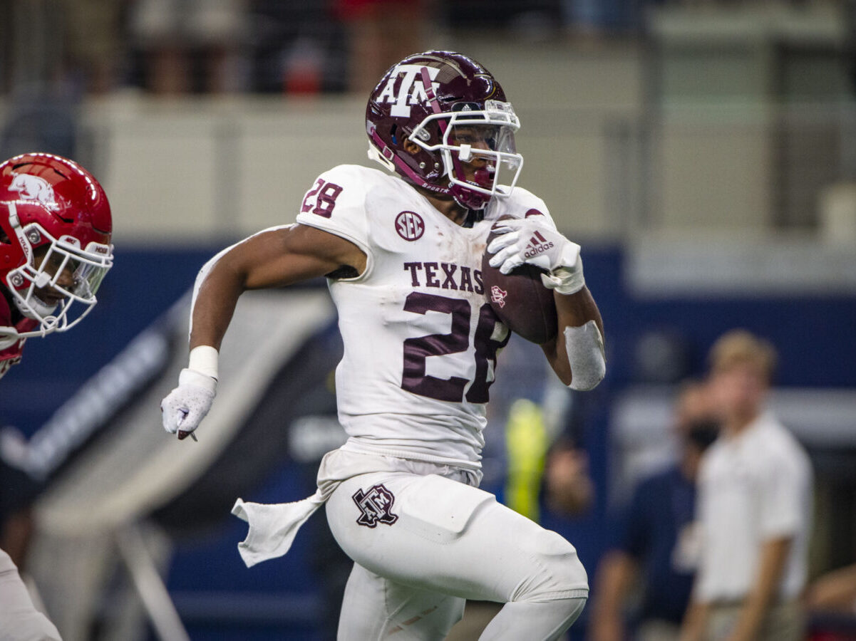 Sep 25, 2021; Arlington, Texas, USA; Texas A&M Aggies running back Isaiah Spiller (28) in action during the game between the Arkansas Razorbacks and the Texas A&M Aggies at AT&T Stadium. Mandatory Credit: Jerome Miron-USA TODAY Sports