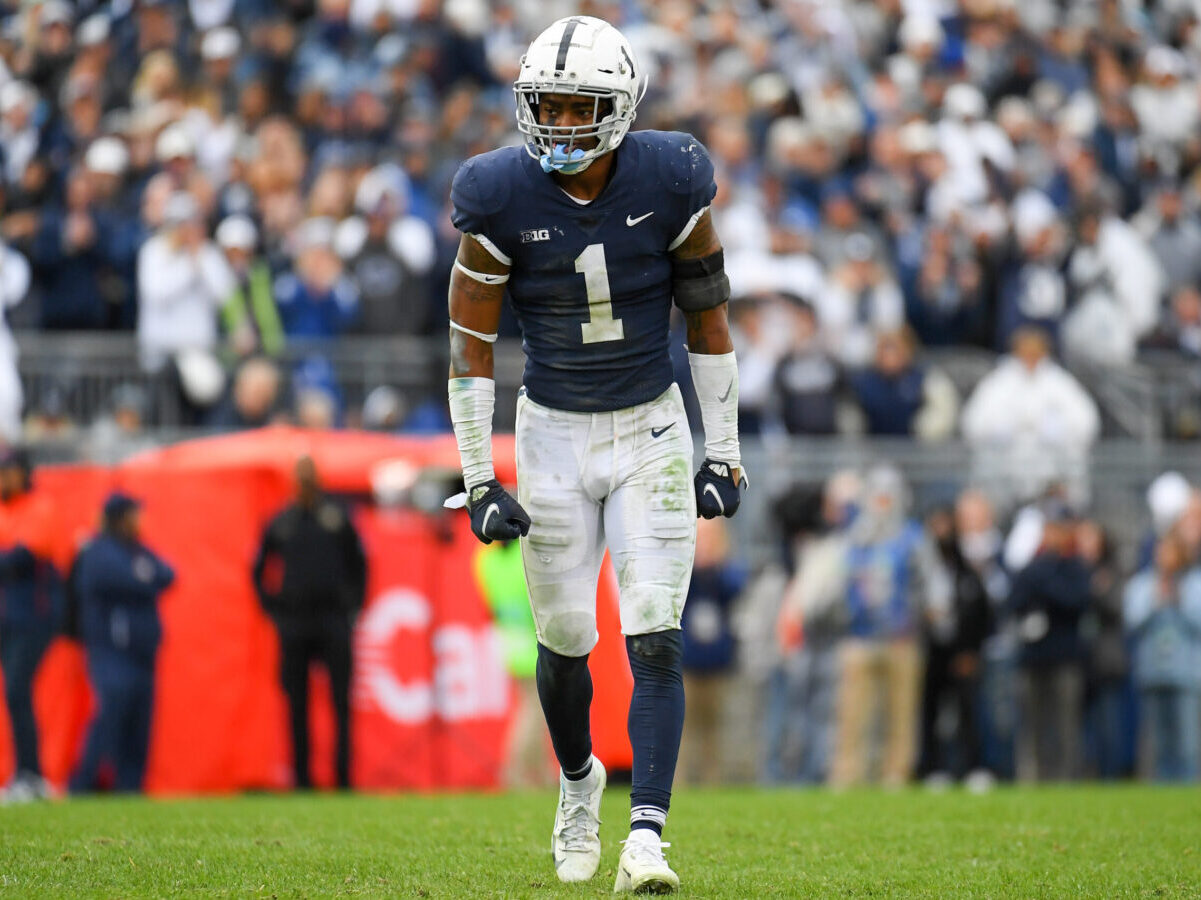 Oct 23, 2021; University Park, Pennsylvania, USA; Penn State Nittany Lions safety Jaquan Brisker (1) reacts to a defensive play against the Illinois Fighting Illini during overtime at Beaver Stadium. Mandatory Credit: Rich Barnes-USA TODAY Sports