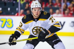 Dec 11, 2021; Calgary, Alberta, CAN; Boston Bruins defenseman Charlie McAvoy (73) against the Calgary Flames during the first period at Scotiabank Saddledome. Mandatory Credit: Sergei Belski-USA TODAY Sports