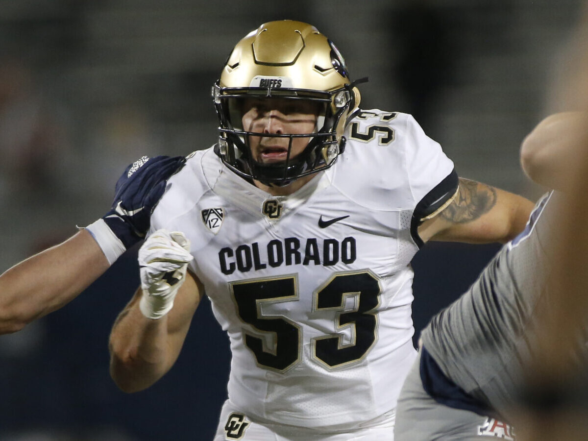 TUCSON, ARIZONA - DECEMBER 05: Linebacker Nate Landman #53 of the Colorado Buffaloes during the first half of the PAC-12 football game against the Arizona Wildcats at Arizona Stadium on December 05, 2020 in Tucson, Arizona. (Photo by Ralph Freso/Getty Images)