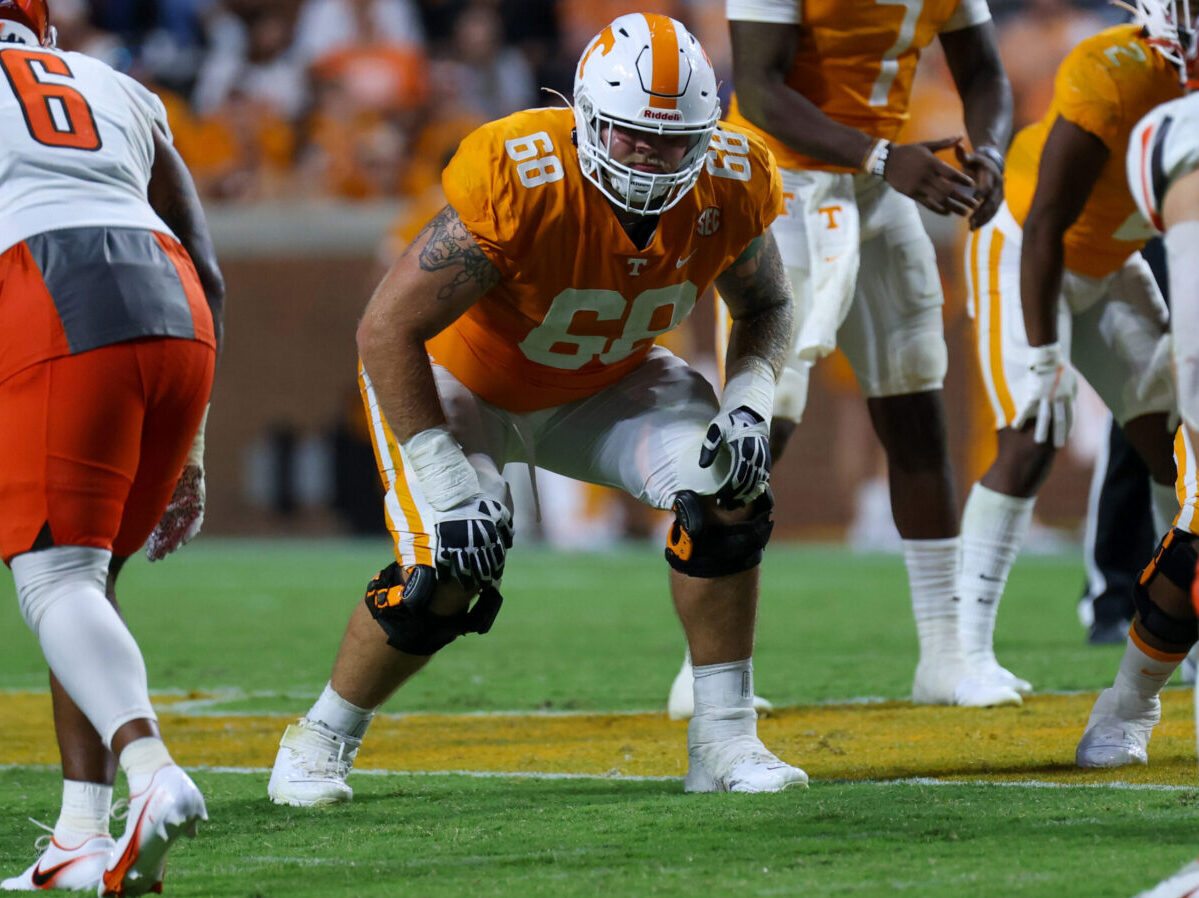 Sep 2, 2021; Knoxville, Tennessee, USA; Tennessee Volunteers offensive lineman Cade Mays (68) waits for the snap during the second half against the Bowling Green Falcons at Neyland Stadium. Mandatory Credit: Randy Sartin-USA TODAY Sports