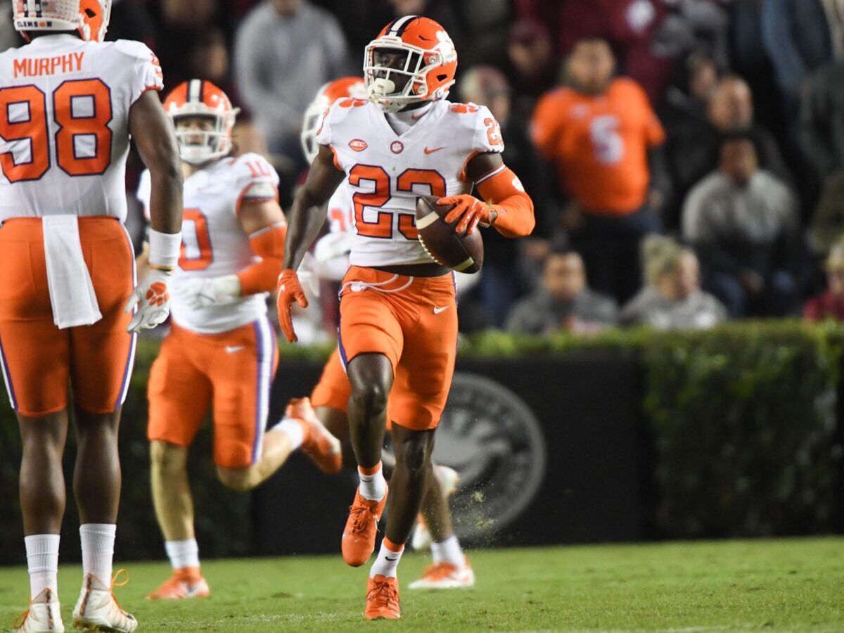 Clemson cornerback Andrew Booth Jr. (23) reacts after an interception during the second quarter at Williams Brice Stadium in Columbia, South Carolina Saturday, November 27, 2021. (Ken Ruinard /Staff/ USA TODAY NETWORK)